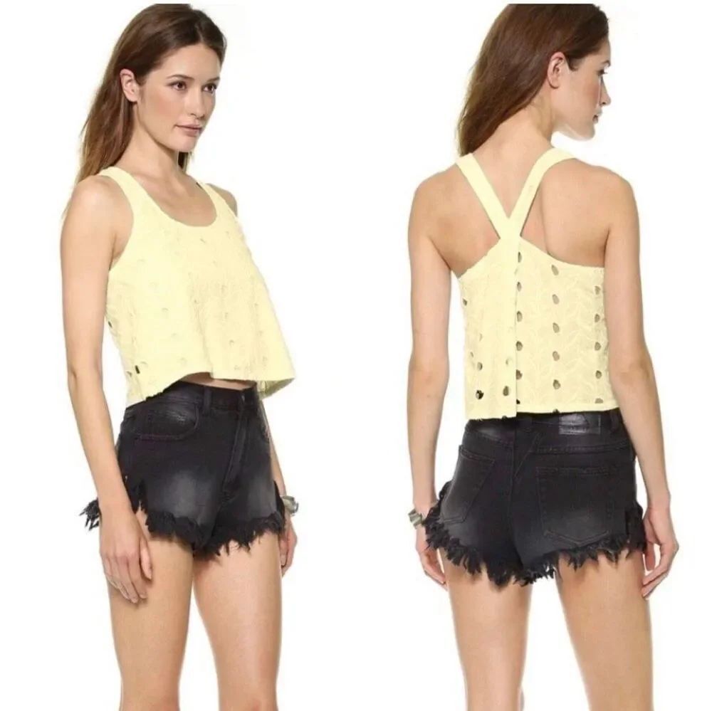 House of Harlow light yellow cotton eyelet cropped tank - S
